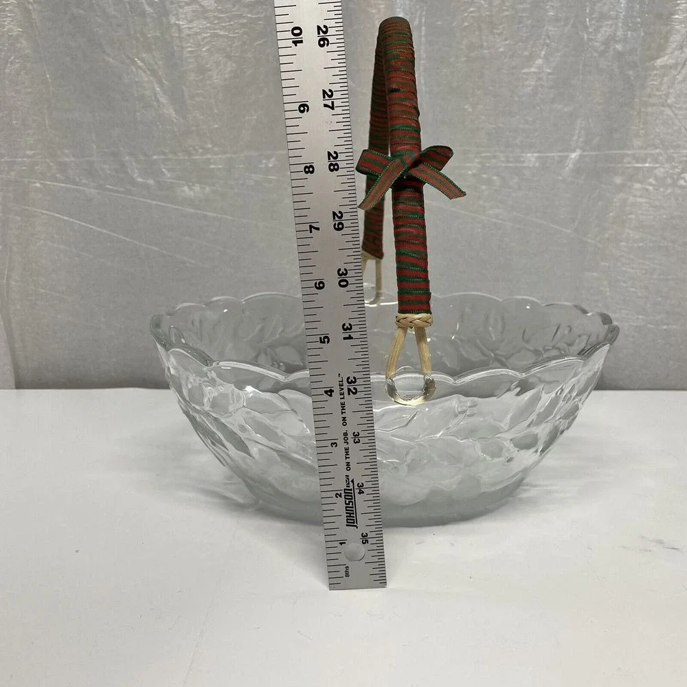 Glass Bowl Poinsettia Holly Berry Etched Handle Basket Holiday Serving Dish‎